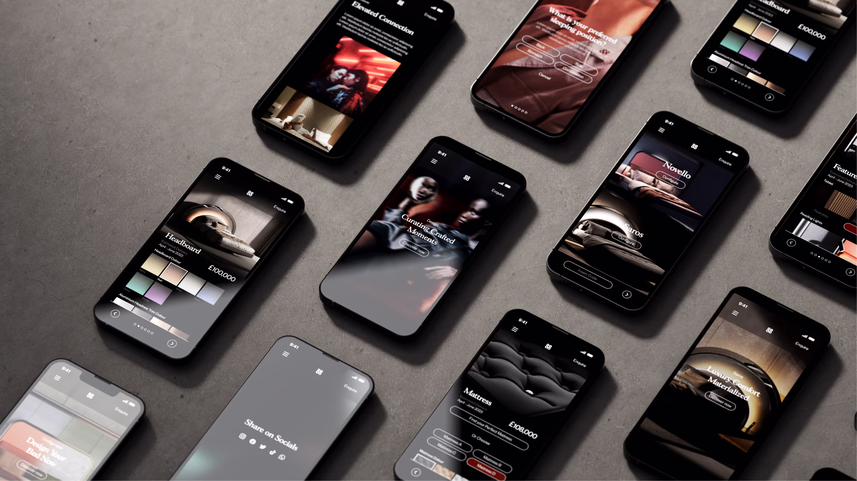 Bed configurator shown across phone screens
