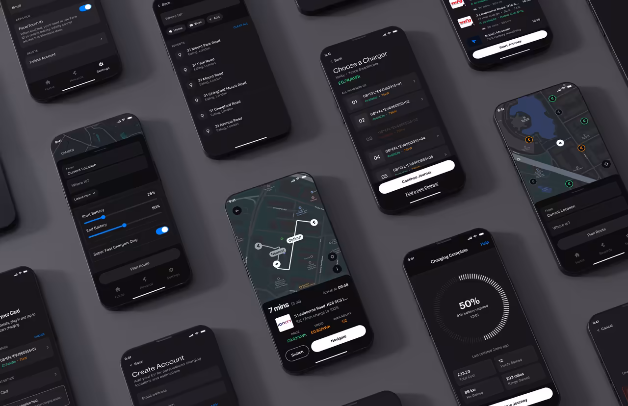 EV Infinity: array of app screens showing charge planning, route navigation, charger selection and charging status