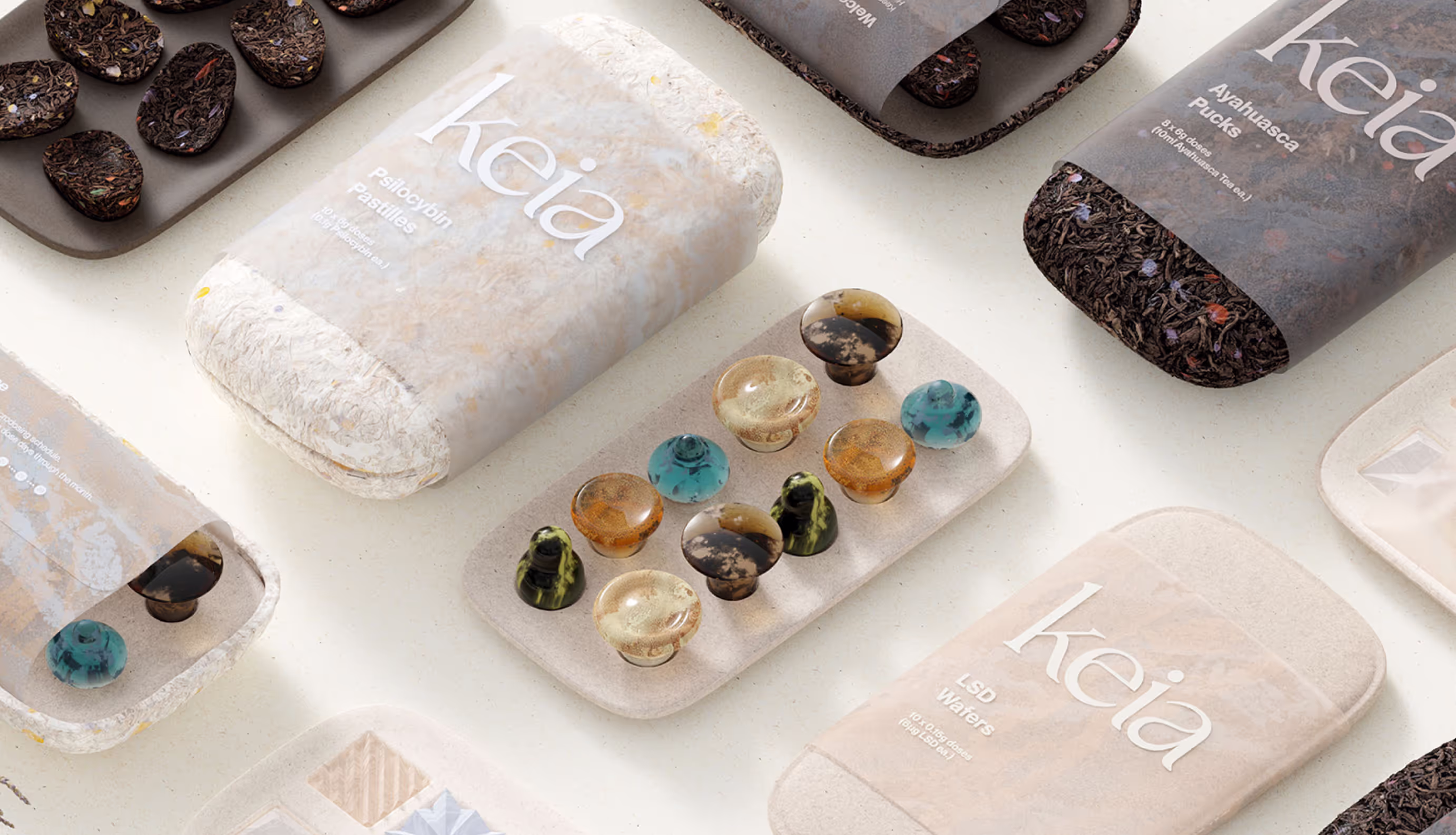 Keia wellness products arranged on a white surface.