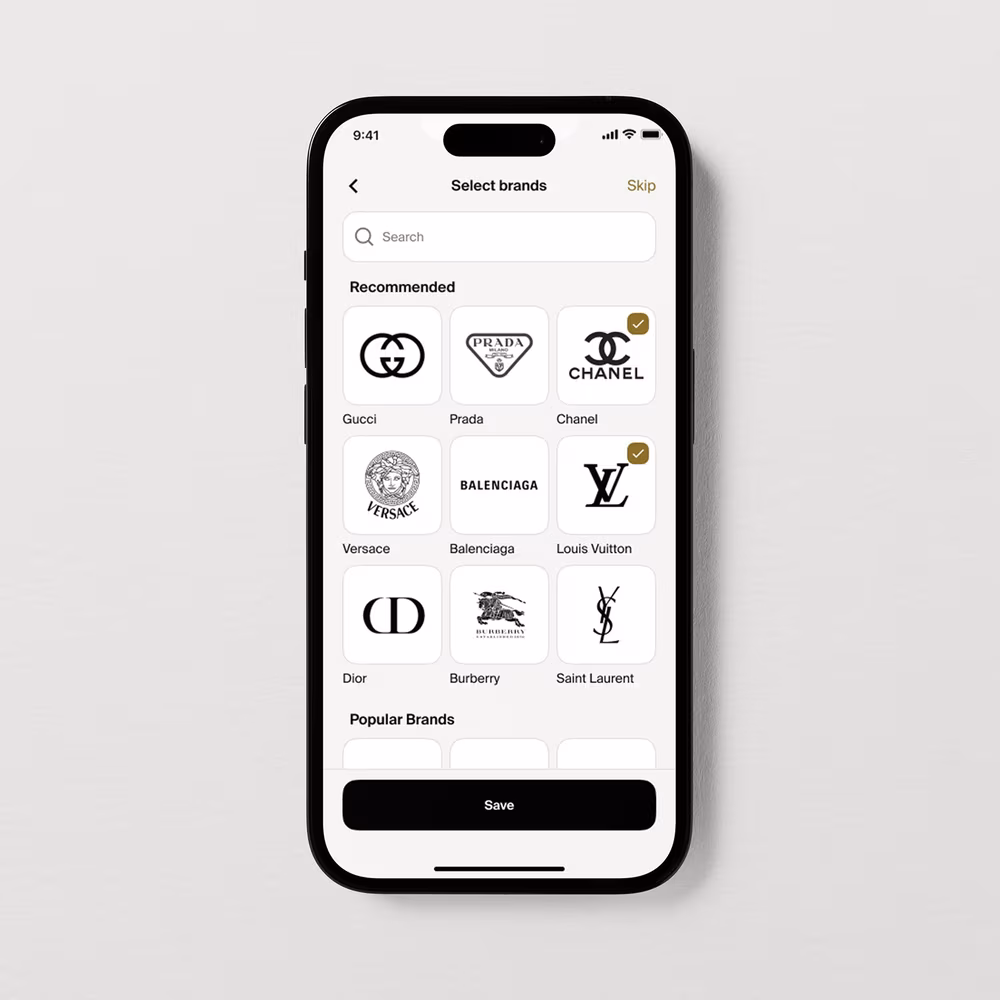 Lyst brand-selection screen with a searchable grid of recommended designer brands.