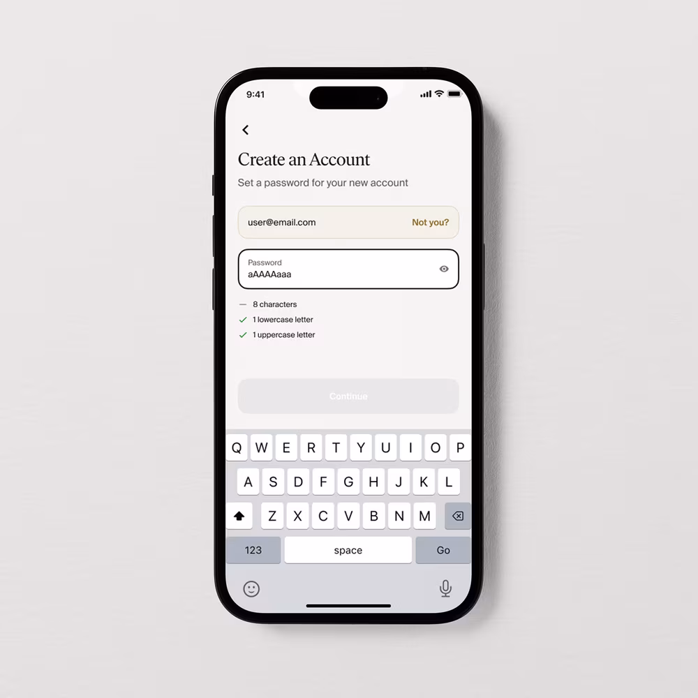 Lyst create-account screen with a password field and live requirement checks.