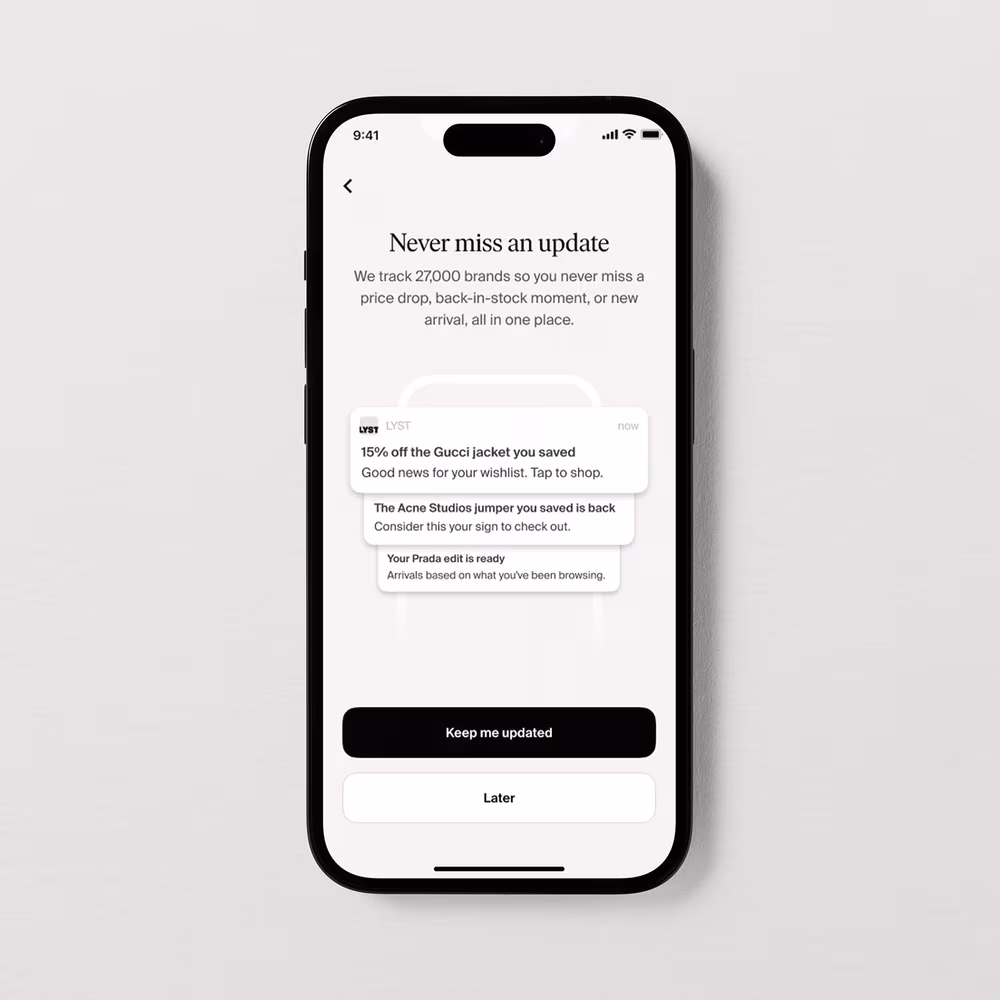 Lyst notifications opt-in screen: 'Never miss an update' with sample price-drop and back-in-stock alerts.