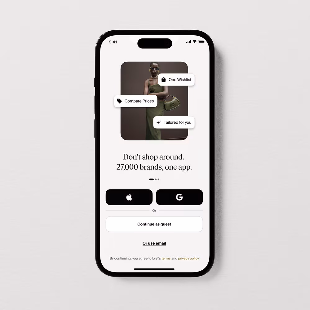 Lyst welcome and sign-in screen: 'Don't shop around. 27,000 brands, one app.' with Apple, Google, and guest options.