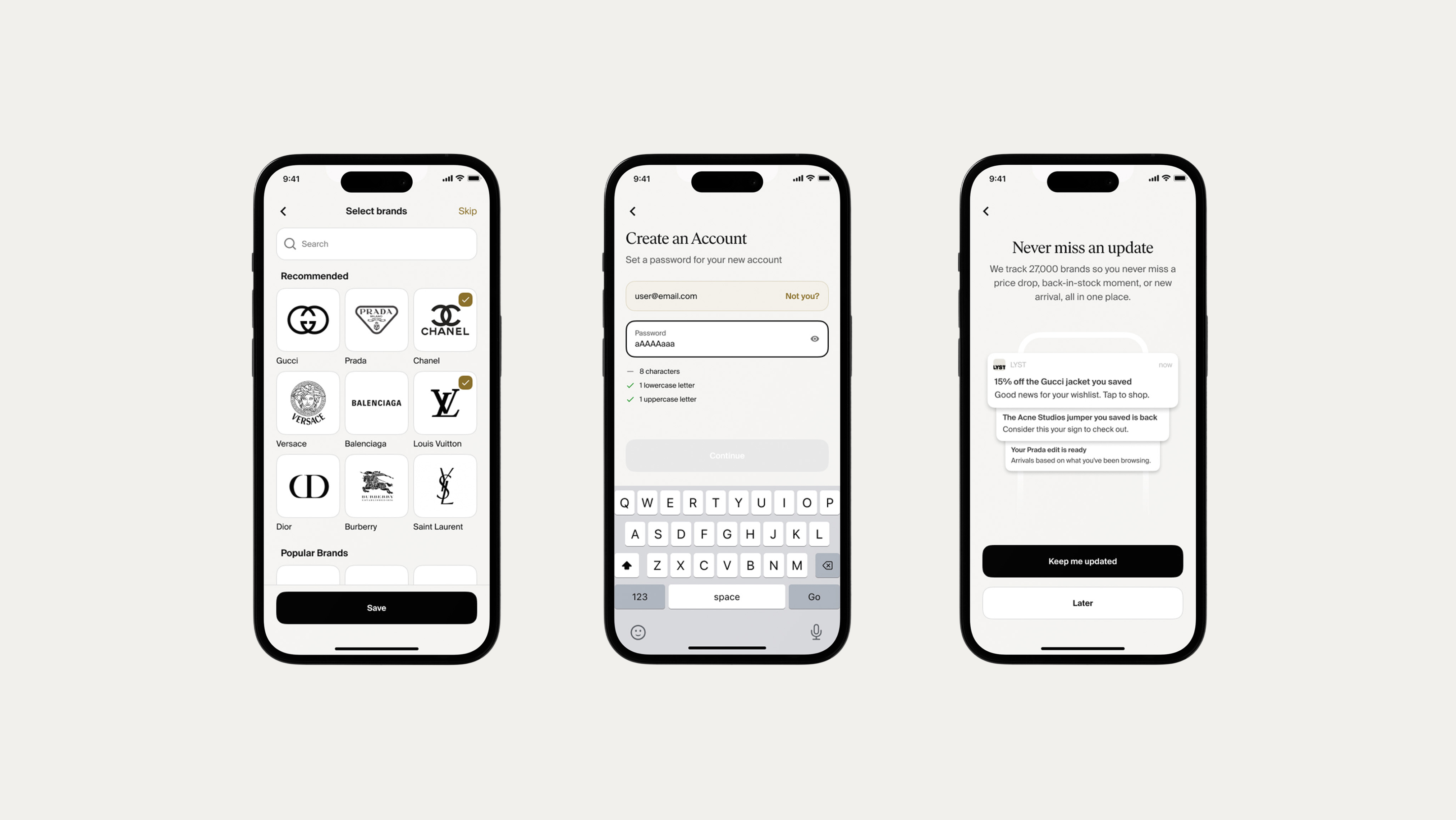 Lyst app onboarding screens: brand selection, account creation, and a notifications opt-in with sample price-drop alerts