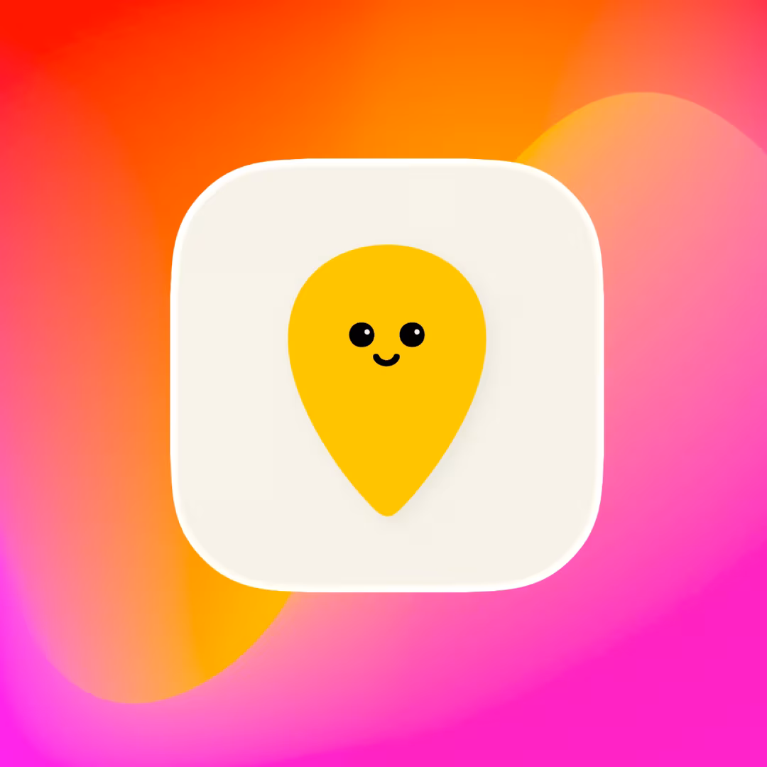 Spotable app icon: a smiling yellow map pin on a warm gradient background